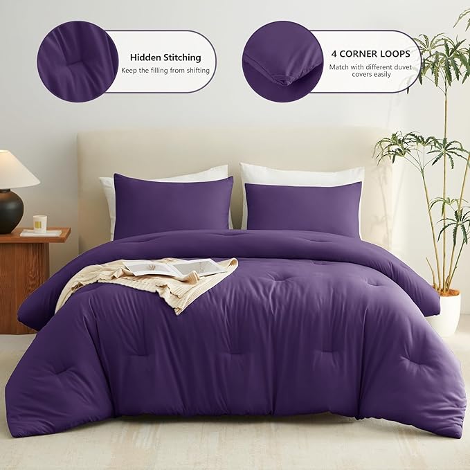 CozyLux Queen Comforter Set Purple, 3 Pieces Lightweight Comforters Queen Size Quilted Bedding Sets, All Season Breathable Solid Down Alternative Comforter with 2 Pillowcases, Bed Set Gift for Home