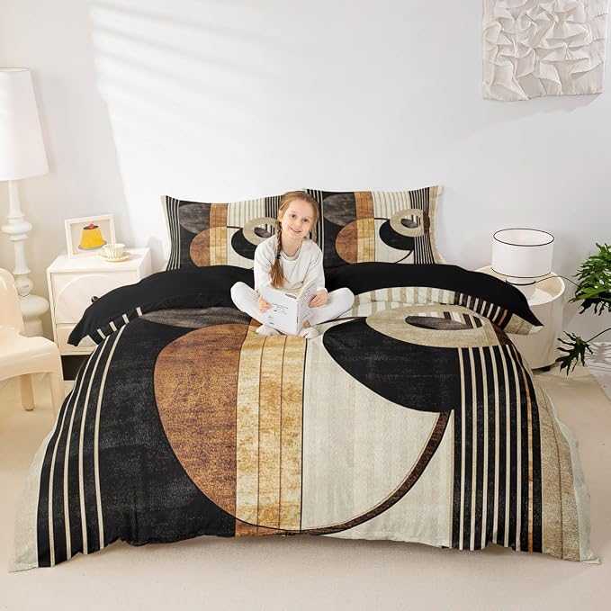 Modern Geometric Duvet Cover Set Twin Size,Retro Striped Circle Bedding Set,Boys Girls Room Decor,Abstract Aesthetic Stripes Lines Comforter Cover,Brown Black Quilt Cover,1 Pillowcase(No Filler)