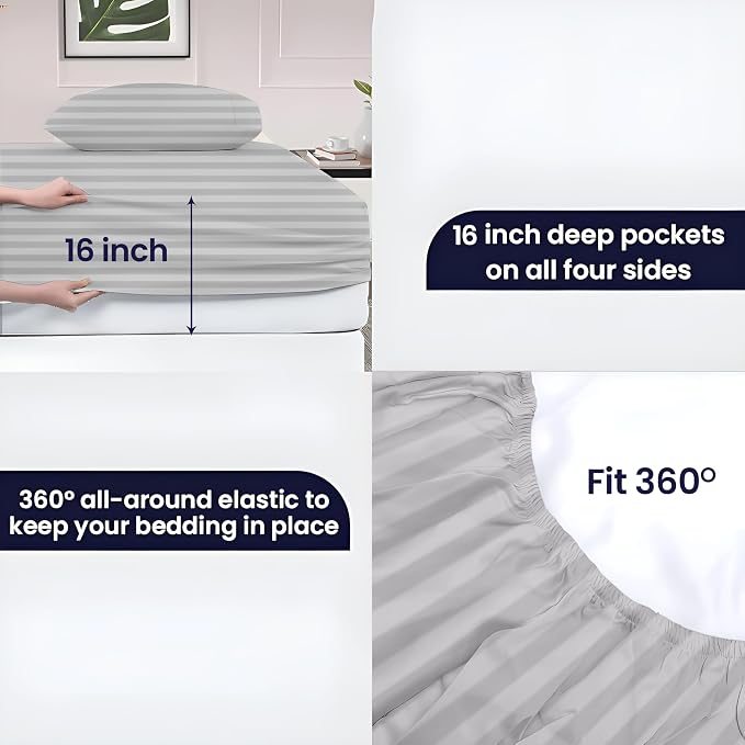 SGI Split King Sheet Set for Adjustable Bed Egyptian Premium Cotton 600 Thread Count Sheet for Sleep Number Bed 15" Deep Pocket 5 Pc Set with 2 Twin XL Fitted Sheets Soft Breathable -Light Grey Stripe