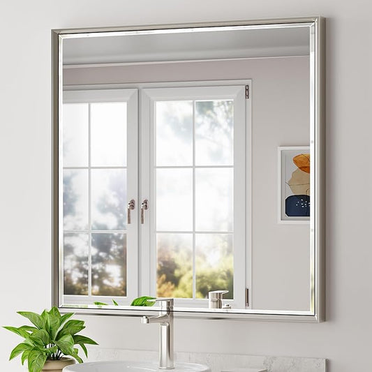 Brushed Nickel Bathroom Mirror, Bathroom Mirrors for Over Sink, 36x36 Inch Square Mirror, Dual Bevel Edges Design, Silver Mirror for Bathroom, Shatterproof 36 Inch Wall Mirror