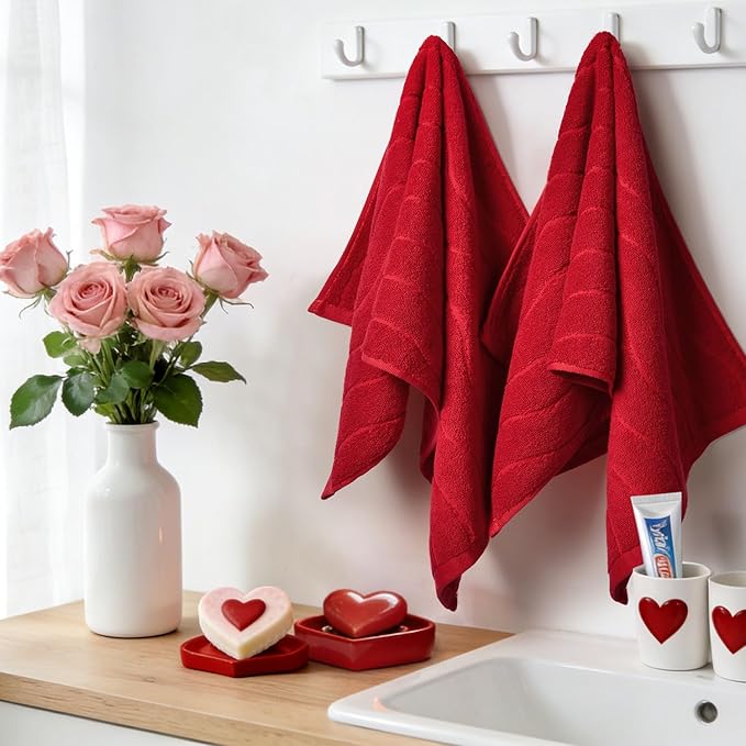 2-Piece Hand Towels for Bathroom in Red, Super Soft Decorative Valentines Hand Towel Set, Wavy Jacquard, Small Size 13x29 Inches