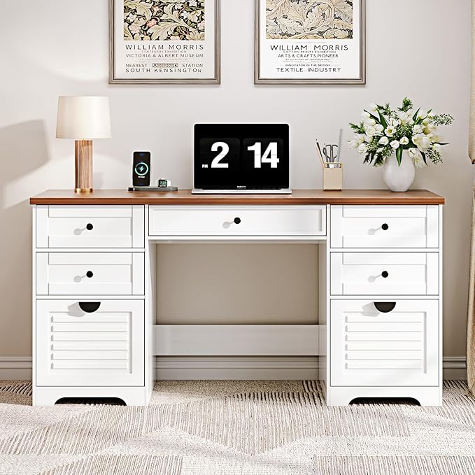 Ieejdn 59" Home Office Desks, Executive Desk, Farmhouse Computer Desk with 7 Drawers and Charging Station, File Drawer, Rustic Computer Writing Desk,Antique Cream