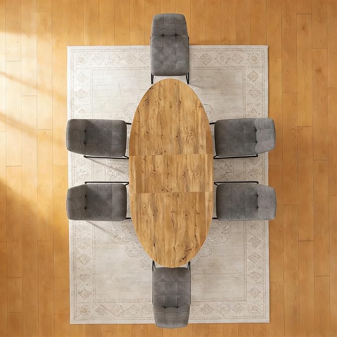 63"-78.7" Extendable Round Dining Table Set for 6, 7 Piece Mid Century Modern Oval Kitchen Table Set, Large Dining Table with 6 Dining Chairs for Living Room Space Saving（Walnut Table+6 Grey Chairs)