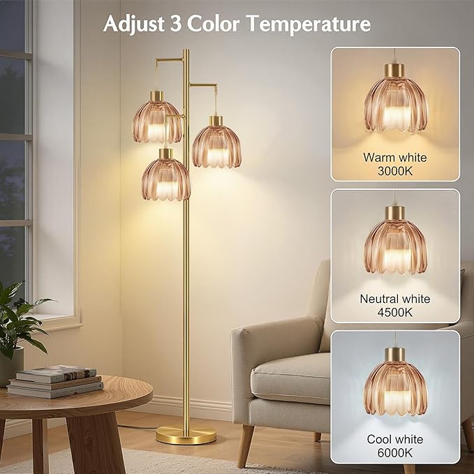 Floor Lamp for Living Room, 3 Light Standing Lamp Mid Century Modern Gold Tree Tall Floor Lamps Vintage Retro Floor Lights Glass Flower Lamp Shade Farmhouse Boho Bohemian