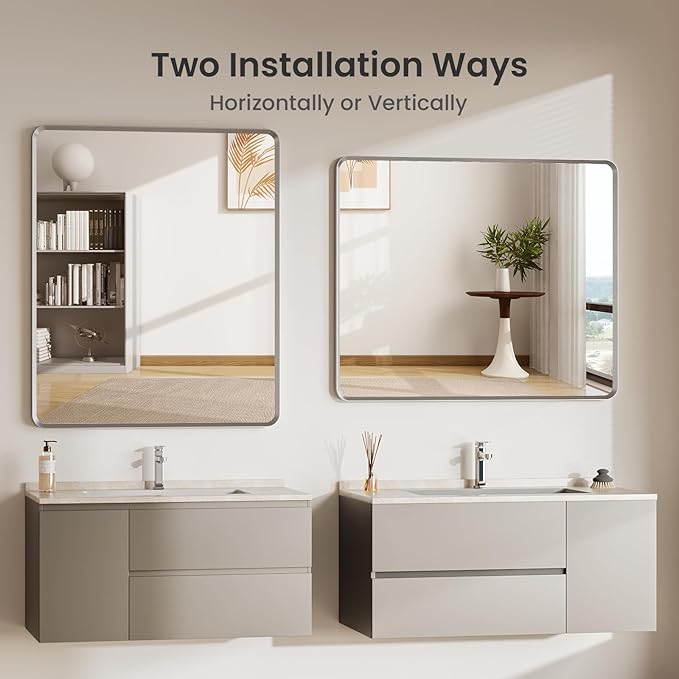 Bathroom Mirror, Rounded Rectangle Wall Vanity Mirror, Metal Framed, Tempered Glass, Shatter-Proof, Vertical or Horizontal Hanging, 30 x 36 Inches, Brushed Nickel Silver
