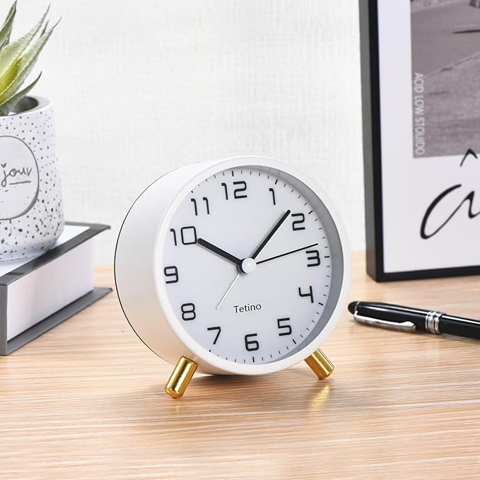 Tetino Analog Alarm Clocks,Retro Metal Desk Silent Non Ticking Small Clock with Night Light,Battery Operated,Simple Design,for Bedrooms, Bedside,Office,Home Décor (White)