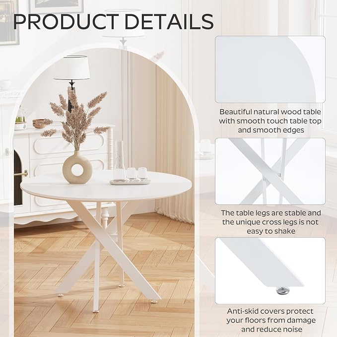 RGZ Mid Century White Round Dining Table Set for 2, 36" Small Wooden Circle Kitchen Table & 2 White PU Leather Kitchen Chairs, Dinner Table Set for Home, Apartment, Dining Room