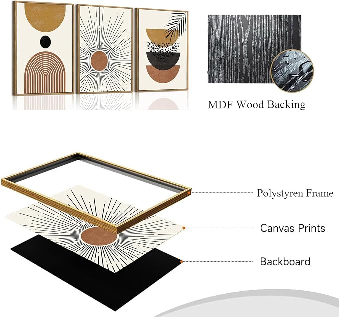 Bwodke Boho Wall Art, Framed Abstract Sun Wall Art, Neutral Canvas Wall Decor, Mid Century Geometric Line Pictures Set of 3, Minimalist Paintings, for Bedroom Living Room Bathroom 16"x24"