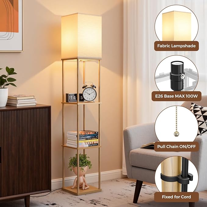 FOLKSMATE Floor Lamp with Shelves, 3-Tier Modern Square Bookshelf Floor Lamp, 3 Color Temperature Bulb Included, Floor Lamps for Living Room Bedroom Corner - Wood