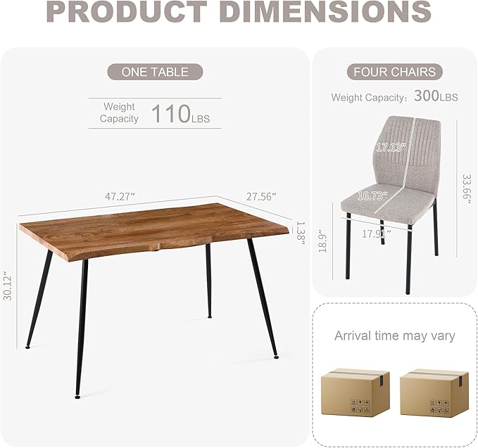Dining Table Set for 4, Modern Wood Irregular Rectangle Dining Table, Linen Fabric Dining Chairs 4,Table and Chairs Set of 4 for Kitchen Dining Room, Light Brown