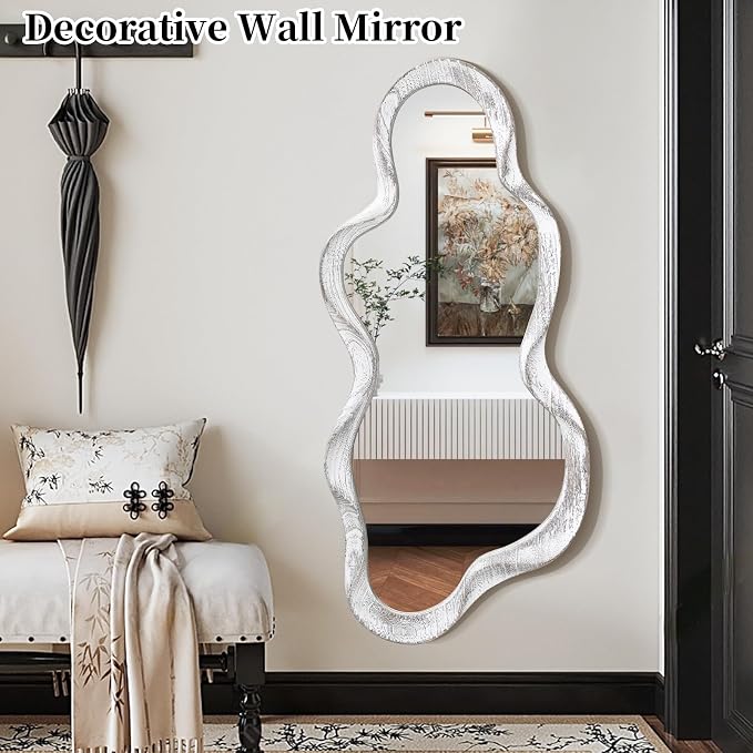 Large Asymmetrical Wall Mirror Irregular Wood Frame Modern Unique Wall-Mounted Artistic Wavy Mirror Decor Bathroom Vanity Bedroom Living Room Entryway Hallway 47" x 22" Natural
