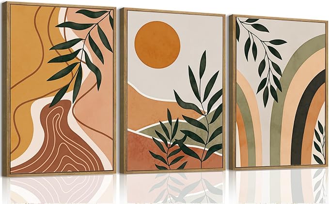 Bwodke Boho Wall Art, Framed Abstract Sun Wall Art, Botanical Canvas Wall Decor, Mid Century Line Leaf Geometric Pictures Set of 3, Minimalist Paintings, for Bedroom Living Room Bathroom 16"x24"
