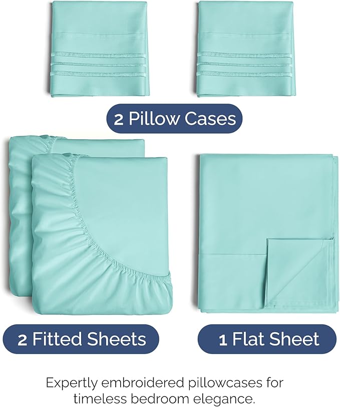 Split King Size 5 Piece Sheet Set - Comfy Breathable & Cooling Sheets - Hotel Luxury Bed Sheets for Women & Men - Deep Pockets, Easy-Fit, Soft & Wrinkle Free Sheets - Spa Blue Oeko-Tex Bed Sheet Set