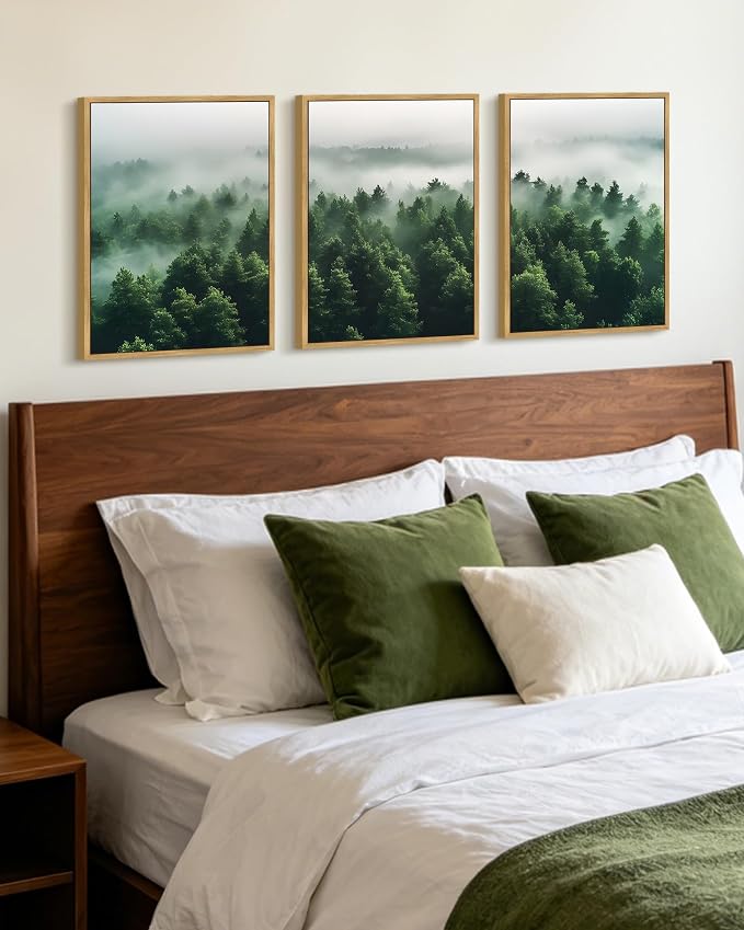 KUVIOKE Green Fog Pine Tree Framed Wall Art Nature Nordic Misty Forests Artwork Morden Painting Bedroom Decor 12x16in (Natural Framed)