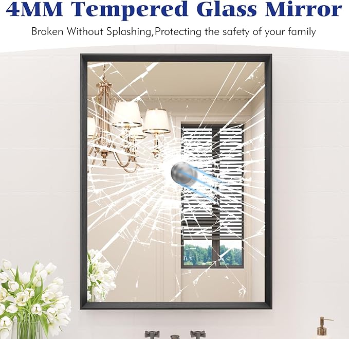 20x30 Inch Bathroom Mirror, Matte Black Framed Rectangle, 4MM Tempered Glass, Anti-Rust, Wall-Mounted Vanity Mirror for Bathroom & Bedroom - Hangs Horizontally or Vertically