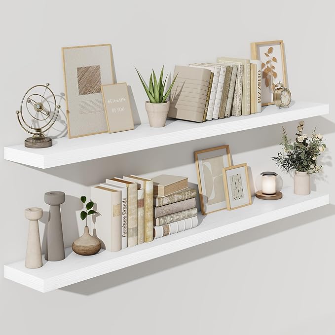 Fun Memories 66 Inch Fireplace Mantel Shelf with Invisible Bracket, 8 Inch Deep Floating Shelf for Living Room, Kitchen, Farmhouse, White (2-Pack)