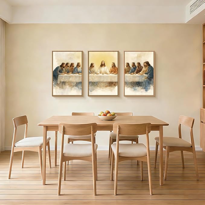 FWIEXA Jesus Last Supper Canvas Wall Art Set 3, Framed Christian Decor Painting, Religious Boho Prints, Bible Watercolor Artwork, 24x36In Verse Scripture Pictures for Living Room,Bedroom,Prayer Room