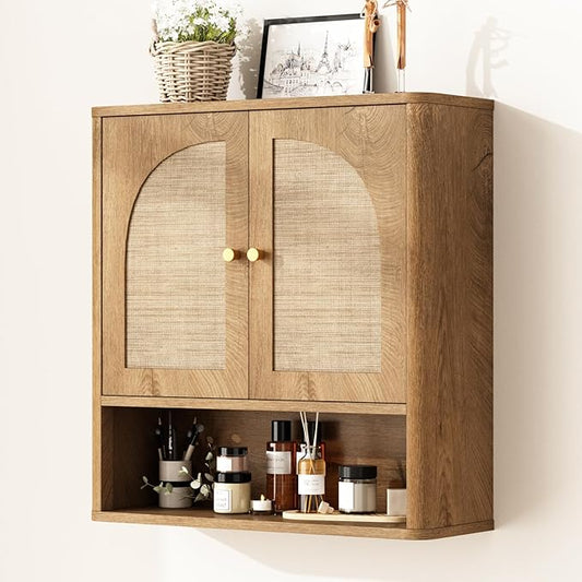 RUSTOWN Rattan Bathroom Wall Cabinet, Over The Toilet Storage Cabinets with 2 Arched Doors, Modern Medicine Cabinet with Adjustable Shelf & Rounded Edges, Mid-Century Bathroom Organization