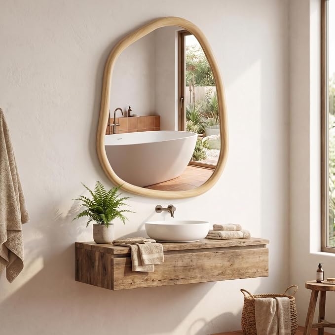 Vercraft 32 x 24 Inch Irregular Asymmetrical Wall Mirror with Solid Wood Frame, Boho Decorative Mirrors for Bedroom Living Room Entryway Hall