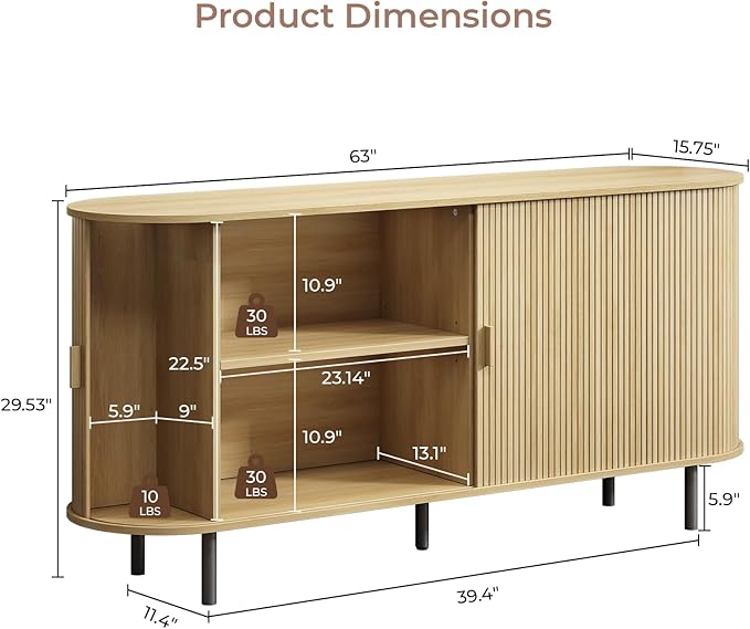 Buffet Cabinet with Storage, Fluted Sideboard Buffet with Sliding Door, Coffee Bar Cabinet with Adjustable Shelf, Console Table, Accent Table for Entryway, Kitchen (Oak, 63 Inch)