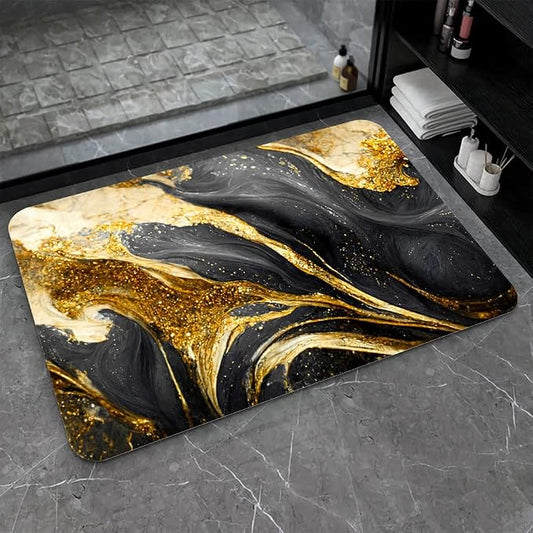 Diatomaceous Earth Bath Mat,Black Grey Gold Marble Texture Non-Slip Volume Super Absorbent Fast Drying for Bathroom Kitchen Door mat,Eco-Friendly Easy to Clean 20×31Inch(50 * 80cm)