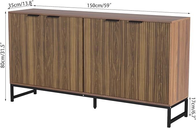 Fluted Accent Storage Cabinet, Kitchen Sideboard Buffet with 4 Fluted Doors, Adjustable Shelves for Living Room, Dining Room, Hallway (Walnut)