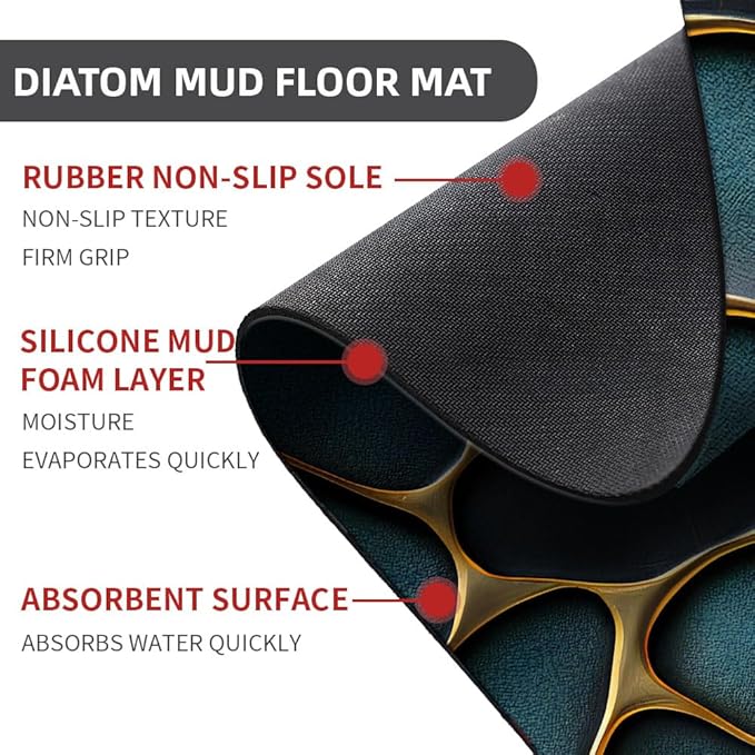 Diatomaceous Earth Bath Mat,Blue and Gold Stones Non-Slip Volume Super Absorbent Fast Drying for Bathroom Kitchen mat,Eco-Friendly Easy to Clean 17×27.5Inch (43 * 70cm)