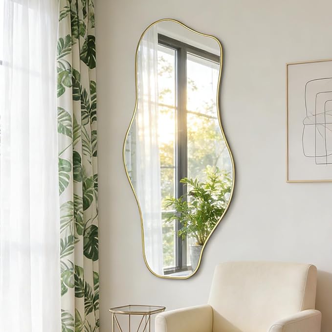 Large Irregular Mirror, 60"x24" Asymmetrical Tempered Glass Mirror Decorative, Gold Abstract Wall Mirrors for Dressing, Modern Frameless Mirrors for Living Room Bathroom Bedroom Hallway Entryway
