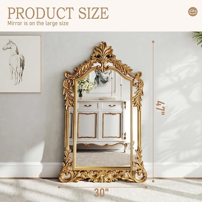 Large Retro Gold Mirror for Wall Decor 30"x47" Vanity Antique Baroque Ornate Wall Mirrors Victorian Arched Mirror for Bathroom, Living Room, Entryway, Fireplace, Bedroom