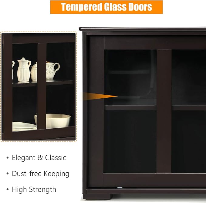 Buffet Cabinet with Storage, Kitchen Sideboard with Sliding Glass Doors, Credenzas Storage Cabinet with Adjustable Shelf, Stackable Kitchen Cupboard for Dining Room Coffee Bar