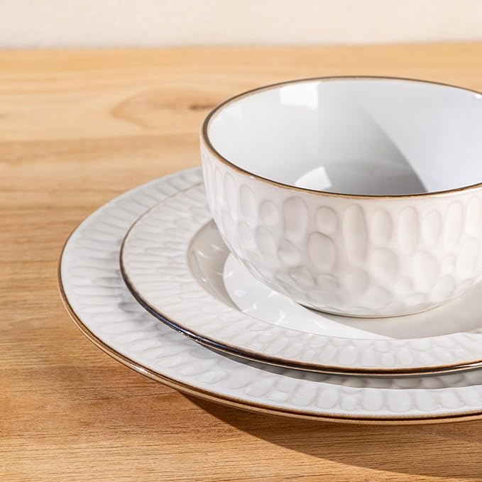 GBHOME Ceramic Dinnerware Sets,18 pcs Embossed Elegant Stoneware Plates and Bowls Sets, Housewarming Wedding Gift | Dishwasher & Microwave Safe | Dishes Set Service for 6