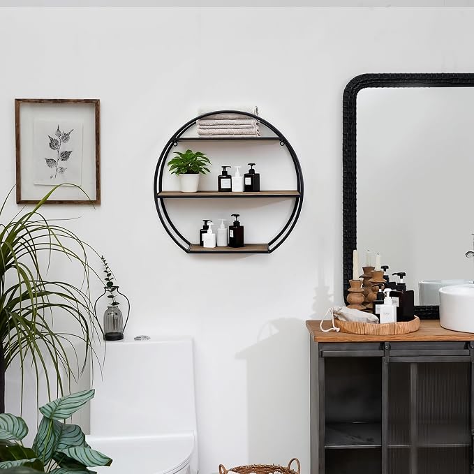 Industrial Style Semi-Circle Shaped Wall Shelves, 3 Tier Decorative Floating Ledge Shelves, Wall Mounted Metal Bracket Wooden Display Hanging Shelf