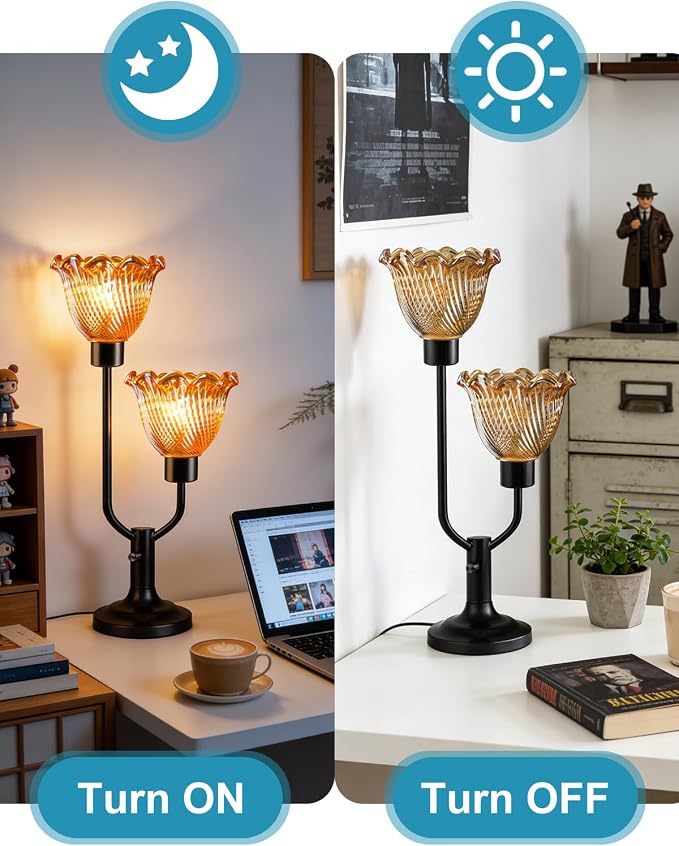 Lightdot Vintage Table Lamp for Living Room Dimmable Mid Century Modern Desk Lamp Flower Amber Glass Black Nightstand Lamp 2 Bulbs Included Warmwhite Ambient Bedside Lamp for Bedroom Home Office Decor