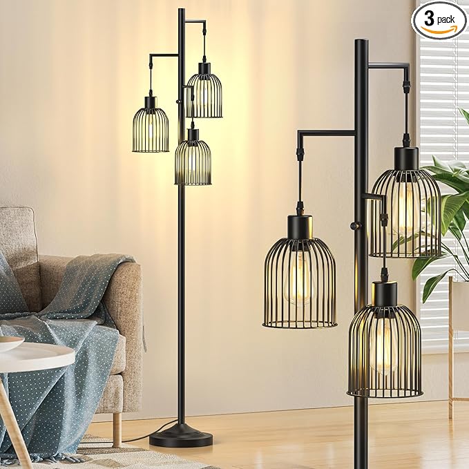 Stepless Dimmable Floor Lamps with Hanging Lampshades 3 Lights Boho Floor Lamps with 3 PCS 6W Bulbs Tree Standing Lamp Tall Pole Lamp for Living Room Bedroom Office, Black