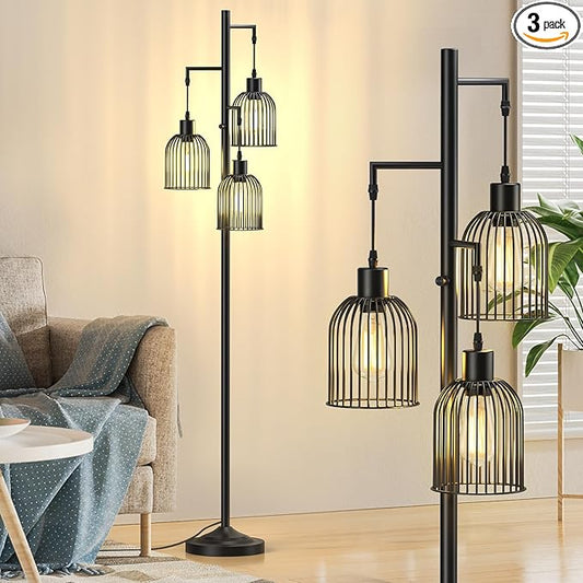 Stepless Dimmable Floor Lamps with Hanging Lampshades 3 Lights Boho Floor Lamps with 3 PCS 6W Bulbs Tree Standing Lamp Tall Pole Lamp for Living Room Bedroom Office, Black