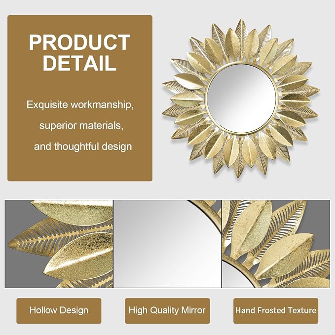 24" Gold Sunburst Decorative Wall Mirror – Handmade Flower Design, Luxury Round Accent Mirror Boho Wall Decor for Bedroom,Entryway, Dining Room & Kitchen