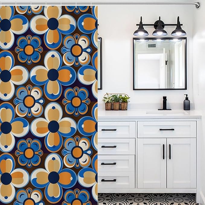 Bohemia Royal Blue Flowers Shower Curtain Mid Century Funky Retro Hippie 60s 70s Aesthetic Washable Waterproof Fabric for Bathroom Decor Bathtub with 12 Hooks 66x72in（168x183cm）