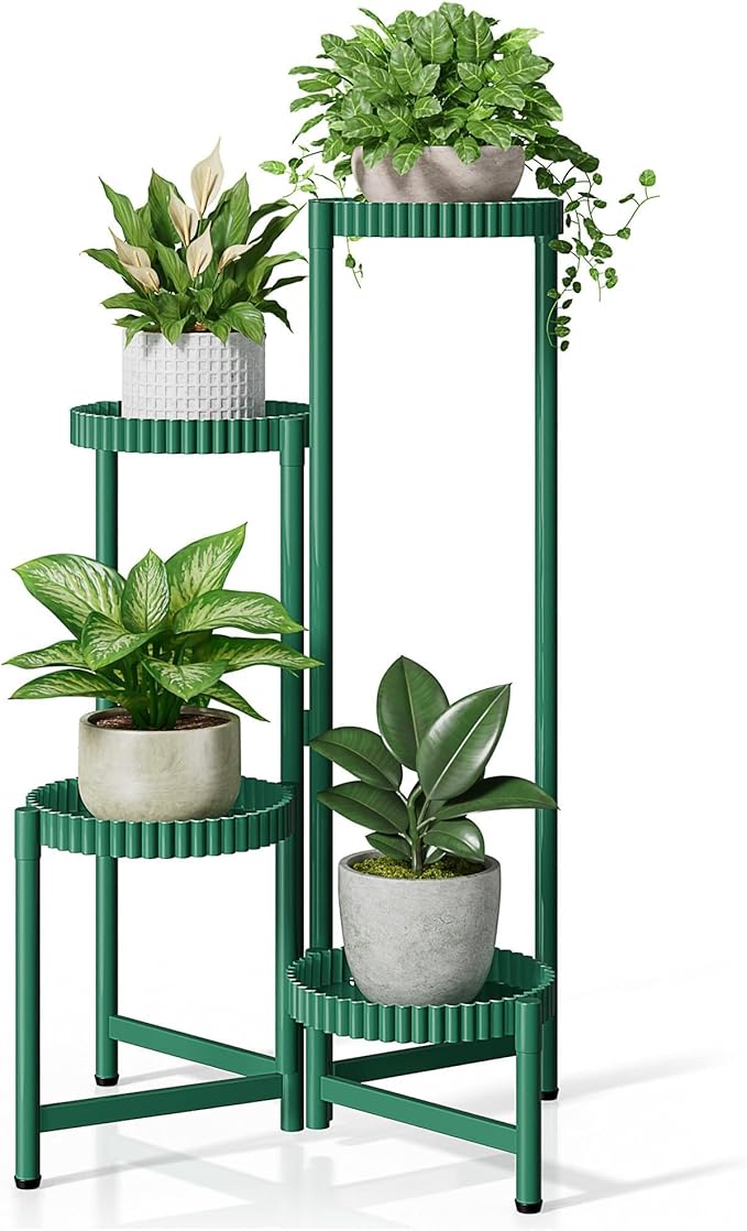 4-Tier Metal Plant Stand Indoor Outdoor, Corner Tall Plant Shelf for Multiple Plants, Foldable Plant Stand, Heavy Duty Flower Stand Holder for House Living Room Balcony Garden Patio -GreenFloroma