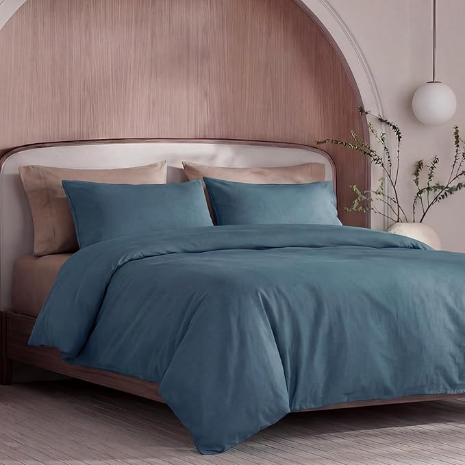 100% Washed Cotton Duvet Cover Queen Size – Dark Blue, Linen-Like Texture, Super Soft & Breathable Bedding Set, 3-Piece Durable Percale Comforter Cover