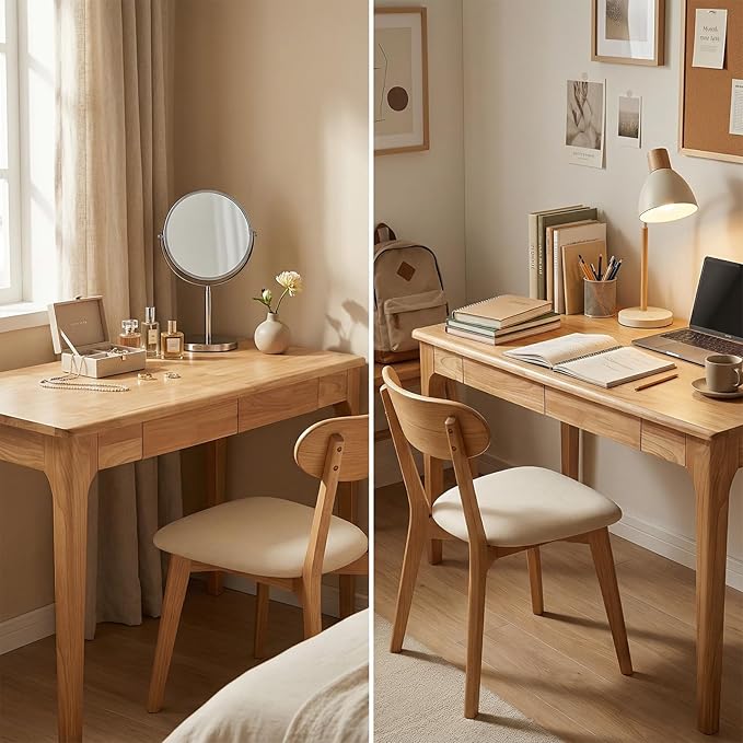 Solid Small Wood Desk with Storage, Wooden Writing Desk with Drawers, Mid Century Modern Desk for Bedroom & Small Spaces/Home Office (Wood)