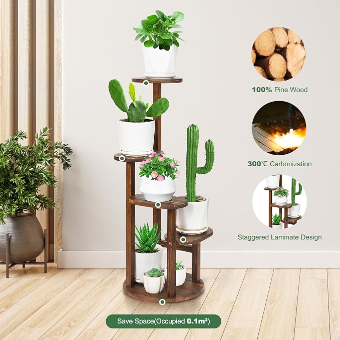 4 Tier Tall Plant Stand Indoor, Wood Corner Plant Shelf for Multiple Plants, Sturdy Oval Tiered Flower Pot Holder Display Rack for Living Room Balcony Patio, Carbonized Pine Wood