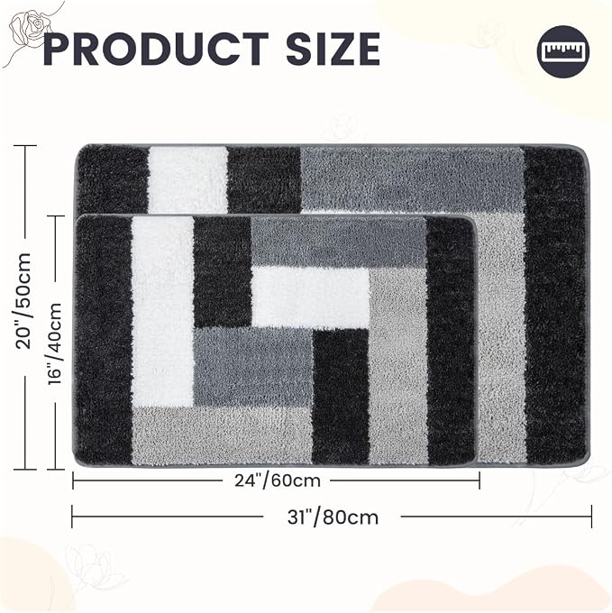 Checkered Bath Mat - Super Absorbent, Soft and Thick, Rubber Backing Non-Slip, Machine Washable Shower Rug, Bath Mat, Bathroom Home Decor Accessories, 16"x24" (40x60cm), Black