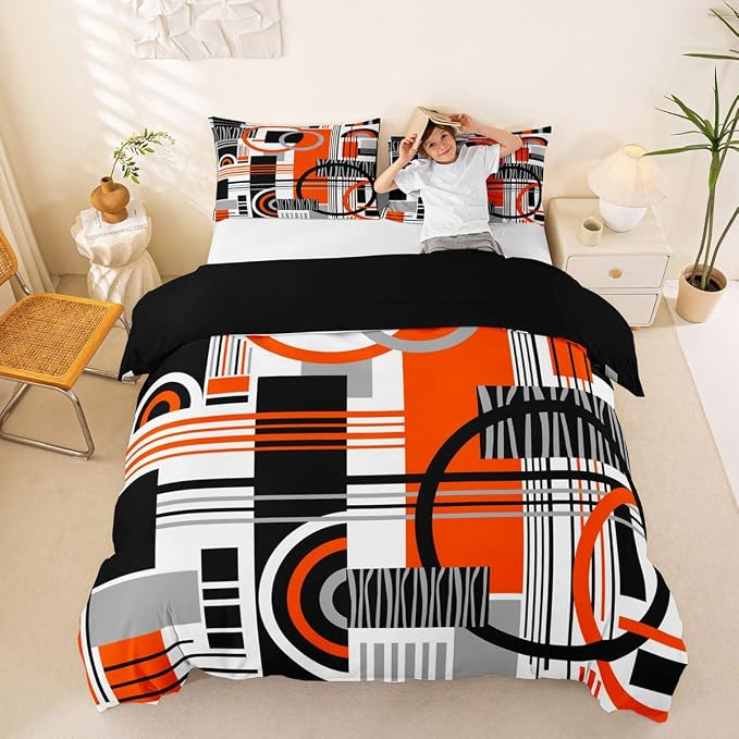 Erosebridal Art Deco Mid Century Duvet Cover Set Retro Modern Abstract Geometric Queen Bedding Set for Little Boys Black and White Orange Circles Stripes Comforter Cover Contemporary Bed Sets