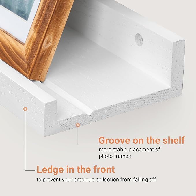 24 Inches Long Floating Shelves Wall Mounted, Picture Ledge Shelf for Wall Decor Living Room Bathroom Kitchen,2 Set Rustic White Wall Shelf for Bedroom, Nursery Book Shelf with Lip