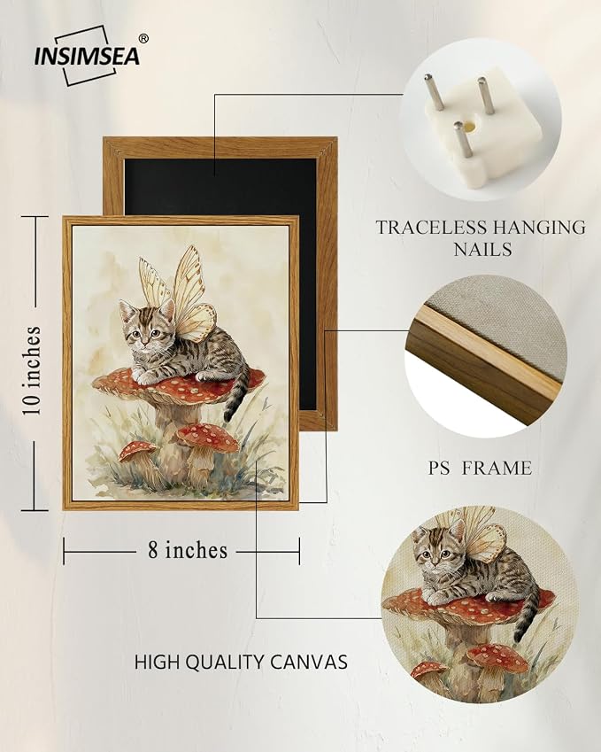 InSimSea Vintage Framed Wall Art Fairy Cat Canvas Prints, Nature Home Decor, Fantasy Themed Decor Painting Picture, Living Room,Bedroom Wall Decor Gifts for Friends or Family - 10L x 8W