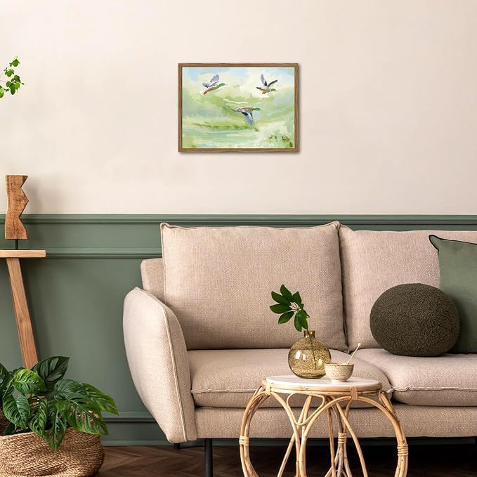 Vintage Mallard Duck Wall Art Cottagecore Flying Ducks Wall Decor Painting Rustic Bird Animal Landscape 3D Textured Hand Drawn Sandstone Artwork for Living Room Bedroom 16x24 inch Framed