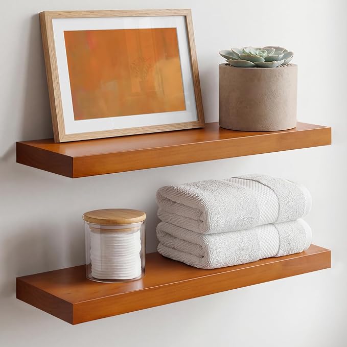 Homeforia 20 inch Floating Shelf Oak, High End Solid Real Wood 20inch Long Floating Shelves for Wall Mounted, Honey Oak Wooden 20in Floating Shelves, Heavy Duty Bracket, 20 X 6.5 X 1.75 inch, Set of 3