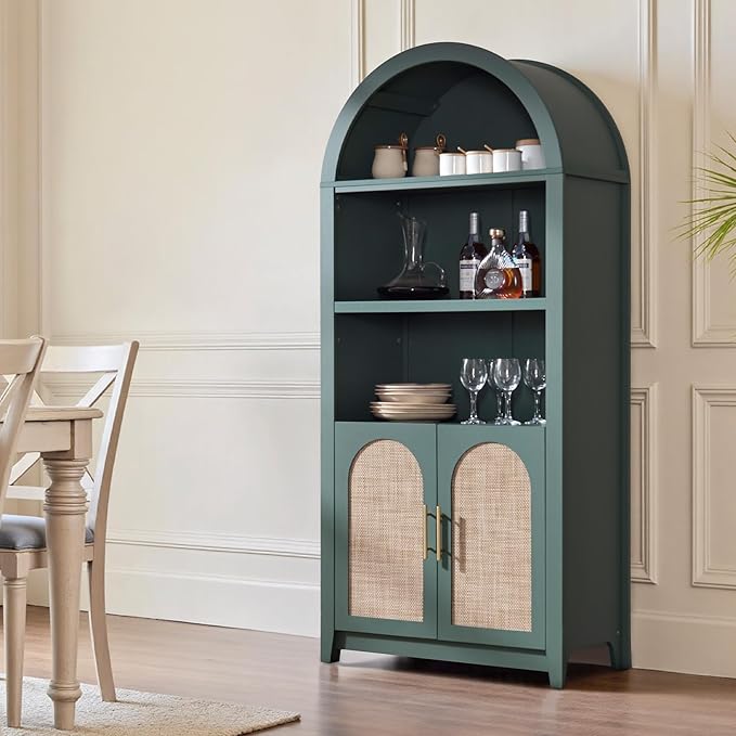 RowyPoey Rattan Arched Cabinet Bookshelf - 69.3” Tall Mid Century Display Cabinet, Rounded Bookcase with Rattan Doors, Open Shelf Storage for Dining Room (Green, 1 PC)