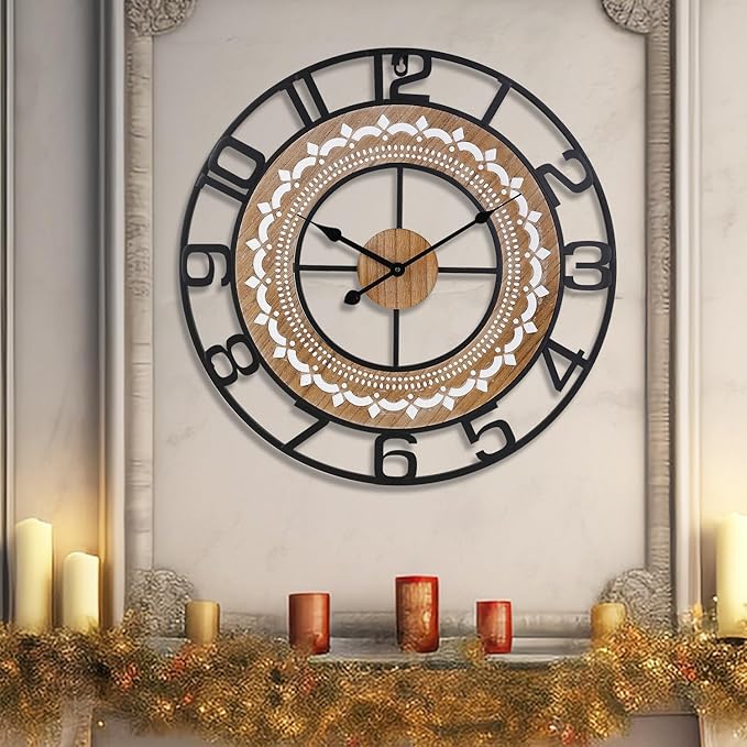 Wall Clocks for Living Room, Bohemian Pattern Clock Silent,Non Ticking,Battery Operated Oversized Vintage Round Modern Clock for Bedroom,Farmhouse,Office Wall Decor-20 Inch