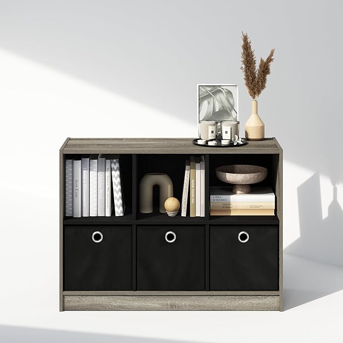 Furinno Cubic Closet Organizers and Storage, 6-Cube Closet Organizer with Bins, Open Shelf Storage, for Wardrobe, Bedroom, Living Room, French Oak/Black